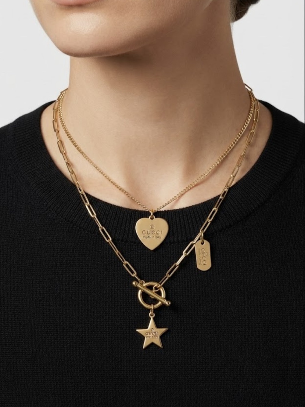 Brand New !  Gold-Tone Layered Heart & Star Pendant Necklace